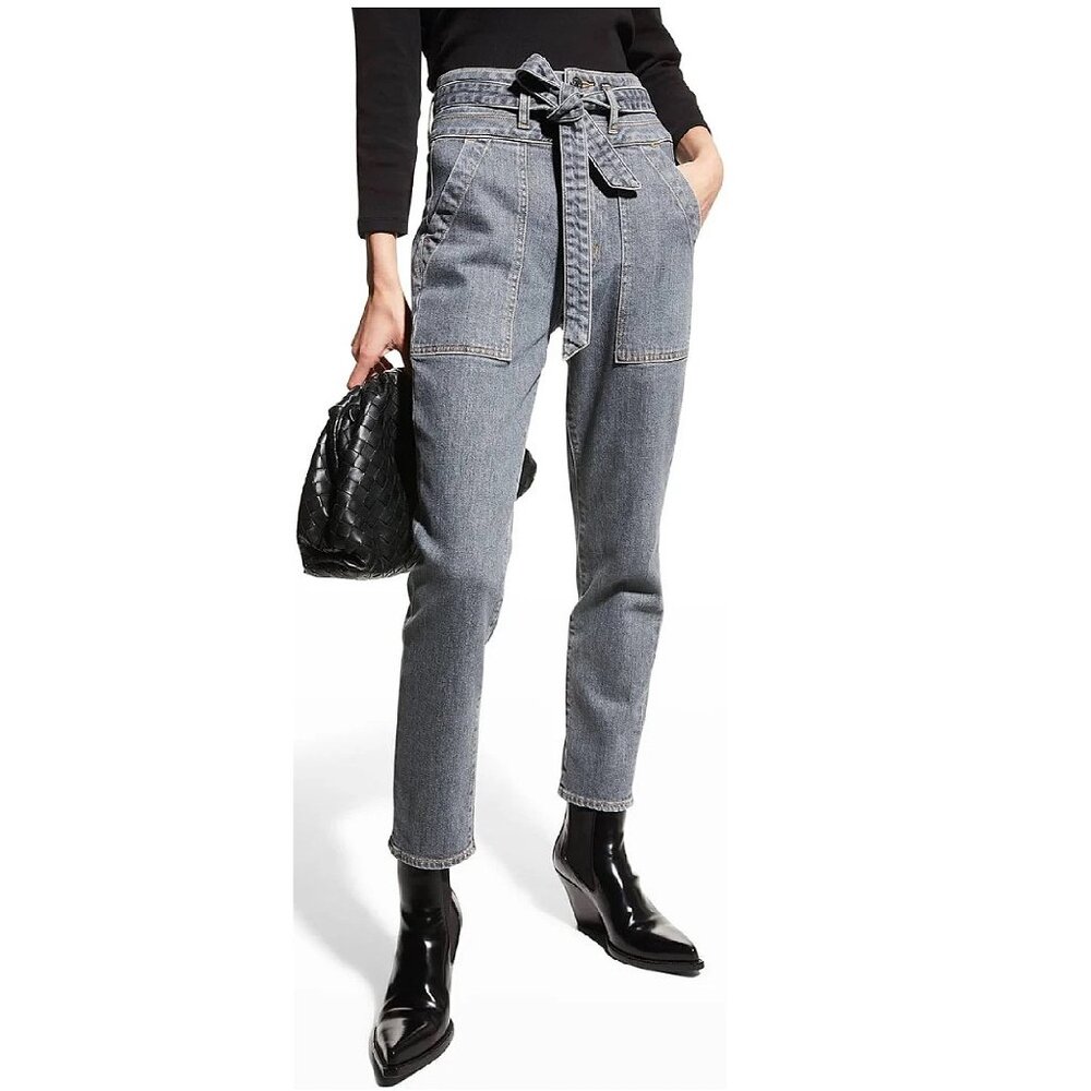 Veronica Beard Logan Slim Straight High Rise Crop Jean Belted Kodiak Wash Sz 27